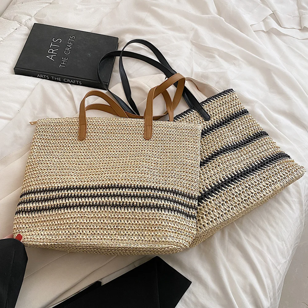 

Summer Straw Shoulder Bags for Women Striped Woven Beach Vacation Female Handbag Handmade Woven Shopping Pouch