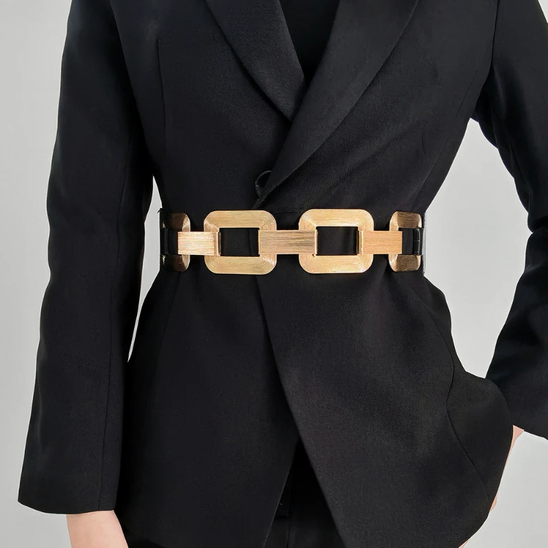 Fashion Wisp Metal Elastic Belt for Woman Vintage Versatile Coat Suit Senior Luxury Design Stretchable Black Waistband New