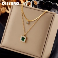 dieyuro 316l stainless steel square green zircon pendant necklace for women new trend girls 2in1 snake chain jewelry party gifts