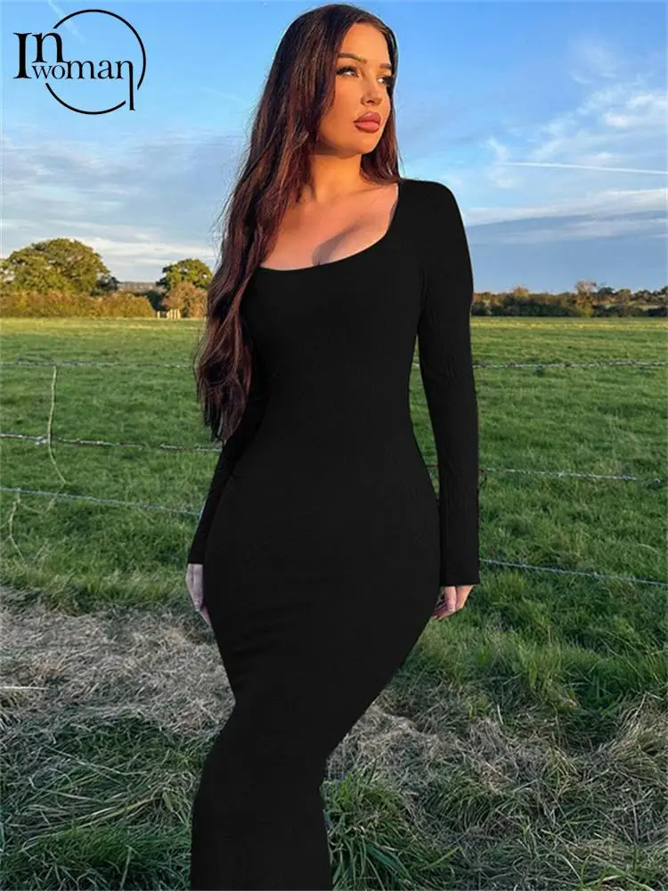 

Inwoman Gray Ribbing Bodycon Maxi Dress Casual Outfits For Women 2023 Fall Winter High Waist Long Dress Vacation Mermaid Dress