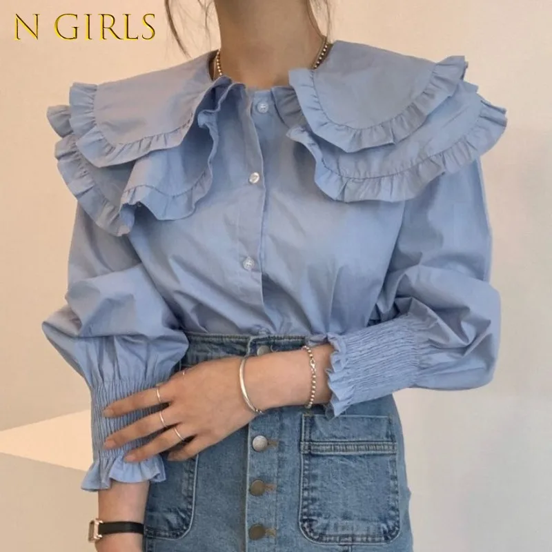 

Korean Chic Double Ruffles Long Sleeve Blouses Women Fall Peter Pan Collor Shirts Femme Solid Puff Sleeve Tops Ropa Mujer 2022