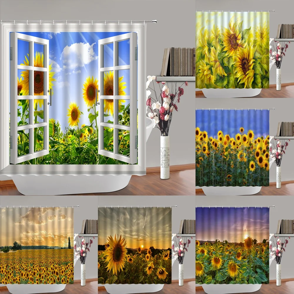 

Yellow Sunflower Flowers Shower Curtain Blooming Floral Country Field Scenery Bathroom Curtains Fabric Home Decor Bathtub Screen