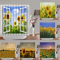 yellow sunflower flowers shower curtain blooming floral country field scenery bathroom curtains fabric home decor bathtub screen