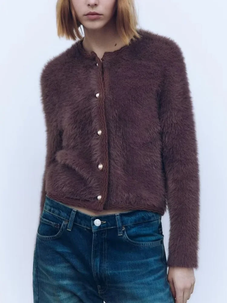 

Женский однотонный вязаный свитер TRAF, однобортный Кардиган с длинным рукавом и круглым вырезом, Осень-зима 2022