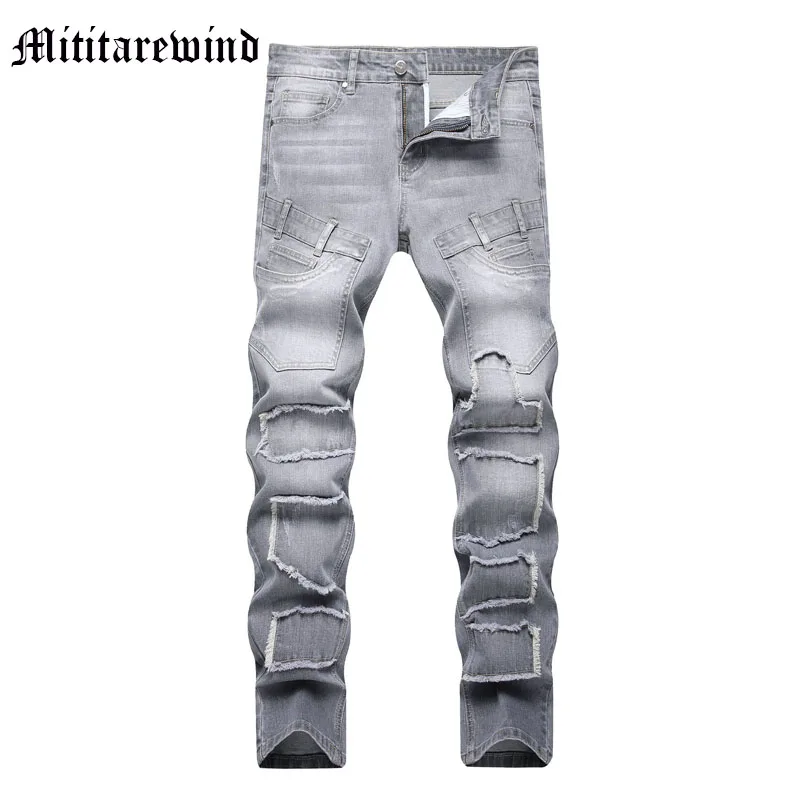 

Мужские джинсы в стиле пэчворк, серые облегающие брюки полной длины, Стрейчевые брюки со средней талией, Y2k, лето 2023