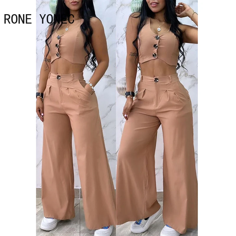 

Women Solid Chic Asymmetrical Short Vest Crop Top Sleeveless Button & Long Pants Two Pieces Straight Pants Sets