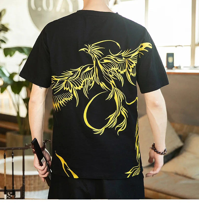 

Summer Phoenix Embroidered Men's T-Shirts Hiphop Oversize T-Shirts With Short Sleeve Tee Shirt Men Sukajan Men's Clothes