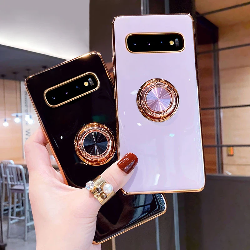 Luxury Plating Soft Case For Samsung Galaxy S10 S22 S21 S20 FE Ultra Plus Note 20 10 9 A72 A52 A52S S10Plus Ring Holder Cover on
