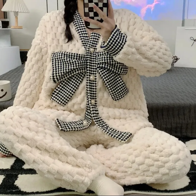 

Bow Women Pajamas Set for Women Fleece Sleepwear Korean Cute Suit Winter Piiama 2 Pieces Patchwork Button Pyjamas Night Wears