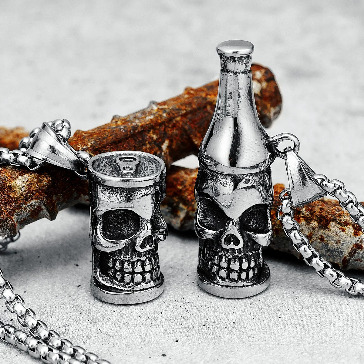 

Hip Hop Skeleton Bottle Necklace 316L Stainless Steel Opener Men Pendant Chain Punk for Boyfriend Biker Rider Jewelry Funky Gift