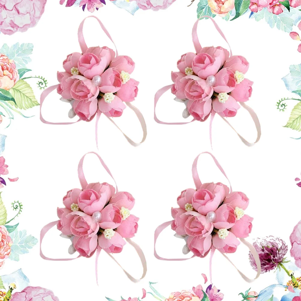 

4 Pcs Bridal Flower Corsage Wedding Decor Wrist Wedding Boutonniere Silk Flower Corsage Bridesmaid Floral Decor