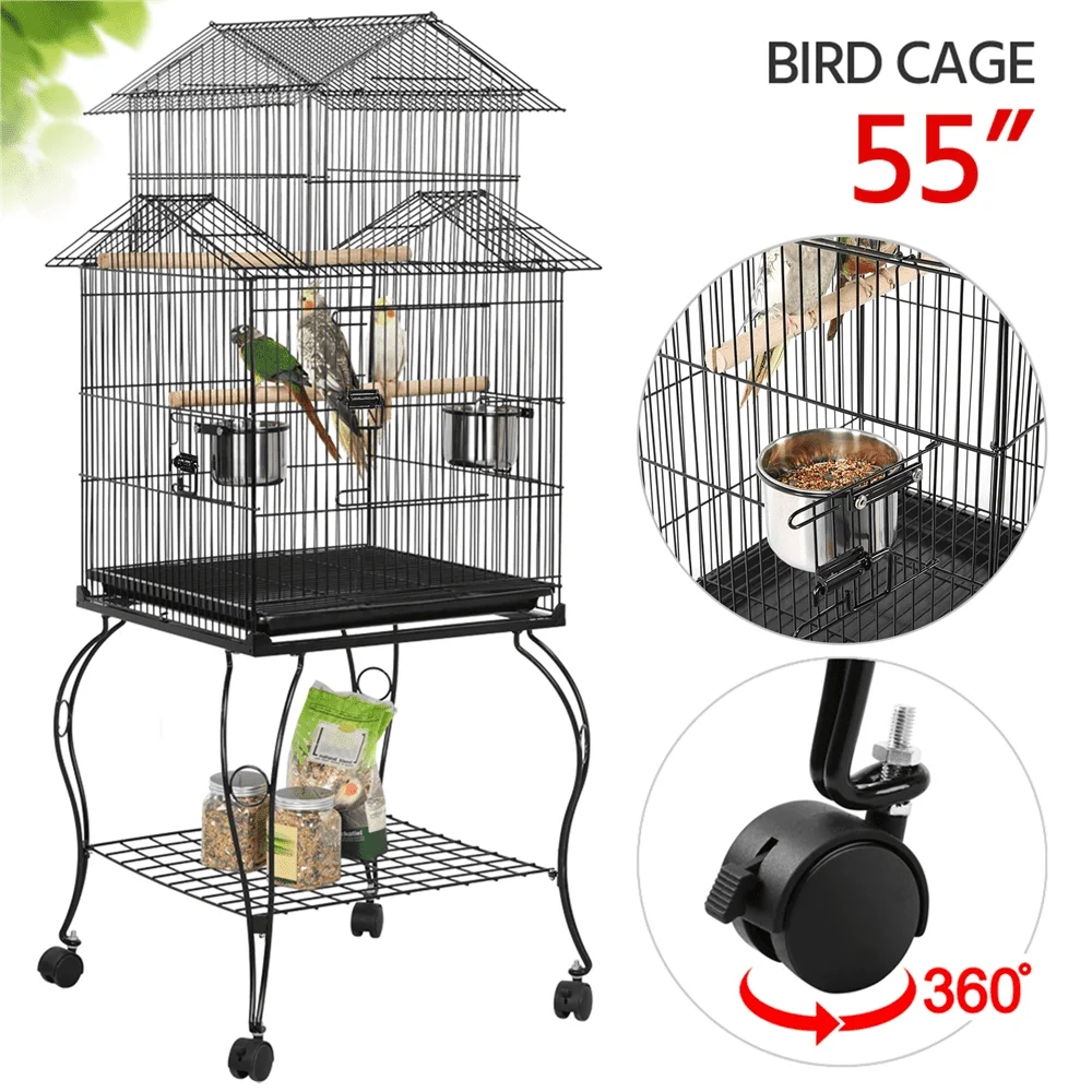 

Easyfashion Large Metal Rolling Bird Cage Parrot Aviary Canary Pet Perch With Stand, Black bird house cage decoration