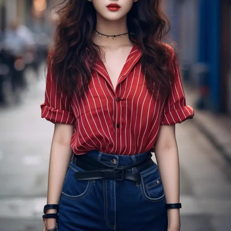 Шикарная красная полосатая рубашка с короткими рукавами для женщин новинка 2024