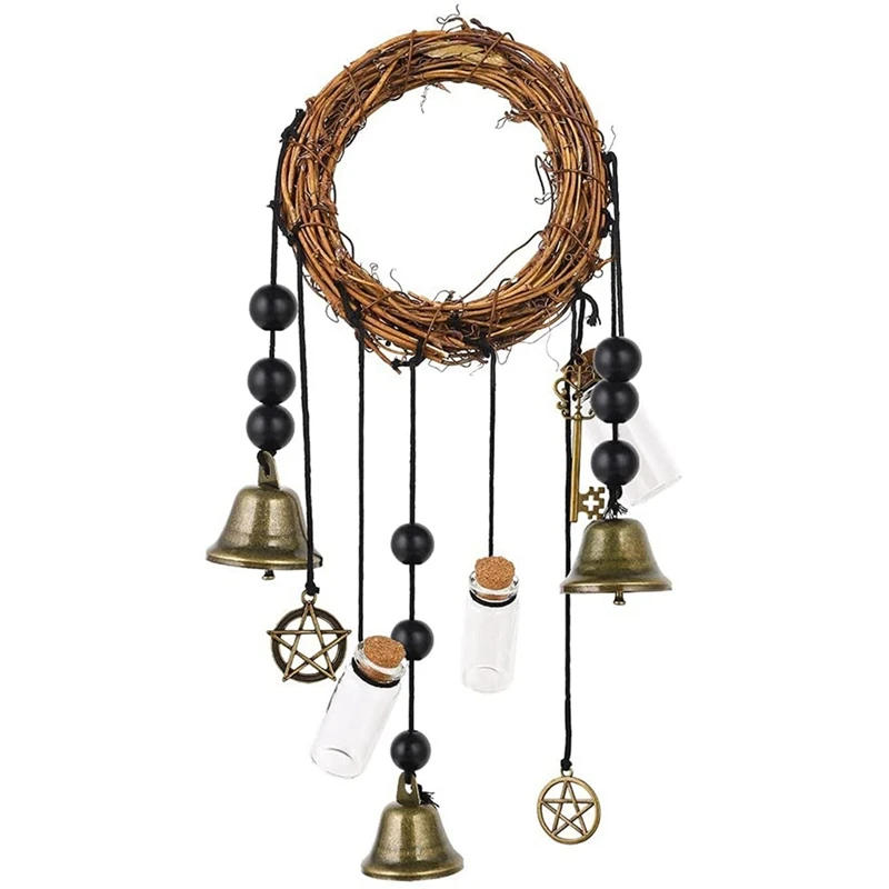 

New-Witch Bells Protection Door Hanger Pentagram Witch Bells Wreath Handmade Wind Chimes Witch Rattan Bells For House Decor