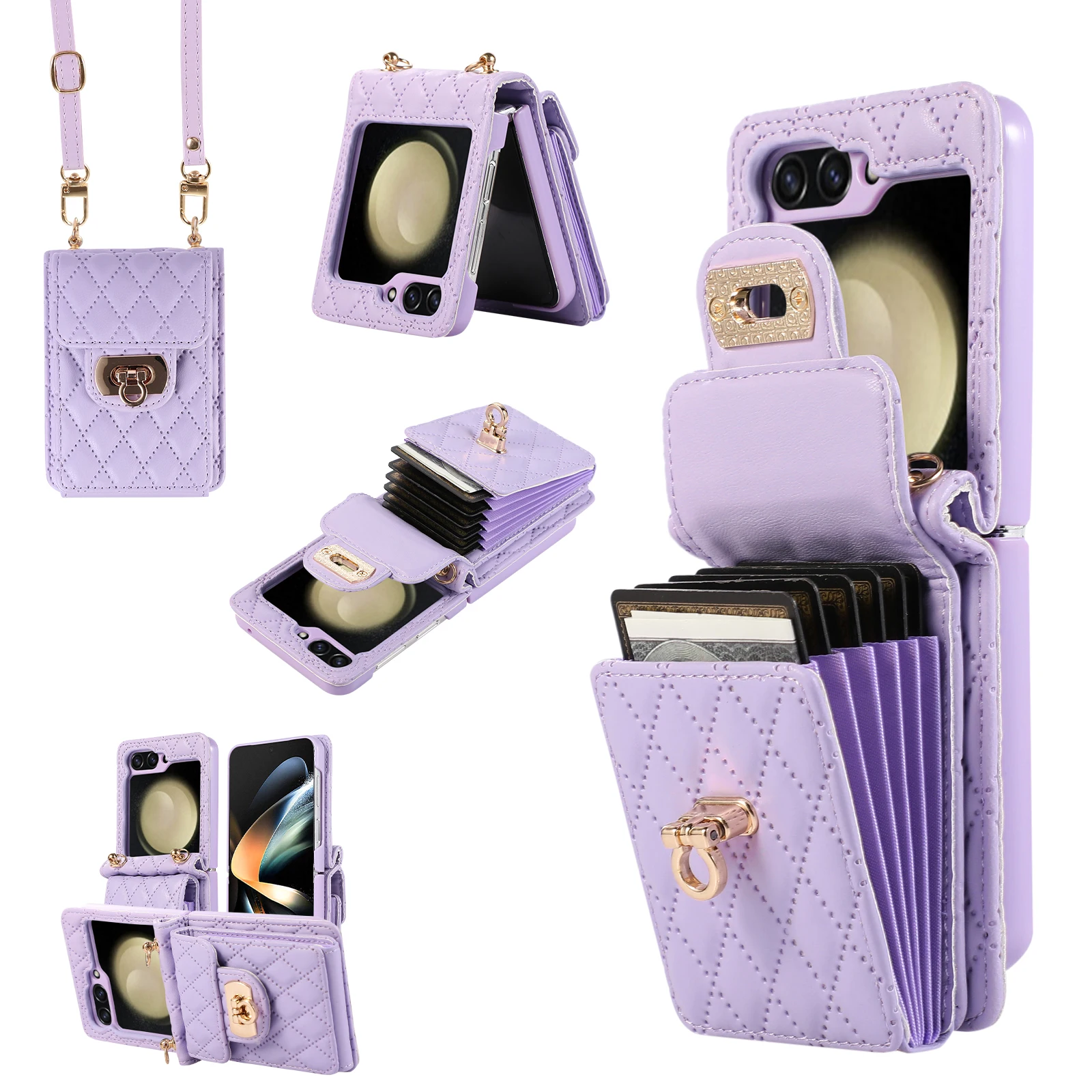 

Luxury Leather Cover for Samsung Galaxy Z Flip 5 4 3 Flip5 Flip4 Flip3 5G Crossbody Wallet Phone Case Organ Card Holder Lanyard