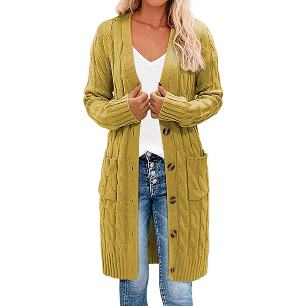 

Solid Color Long Sleeve Sweater Women Cardigan Button Down Pockets Open Front Twist Sweater Coat Outerwear