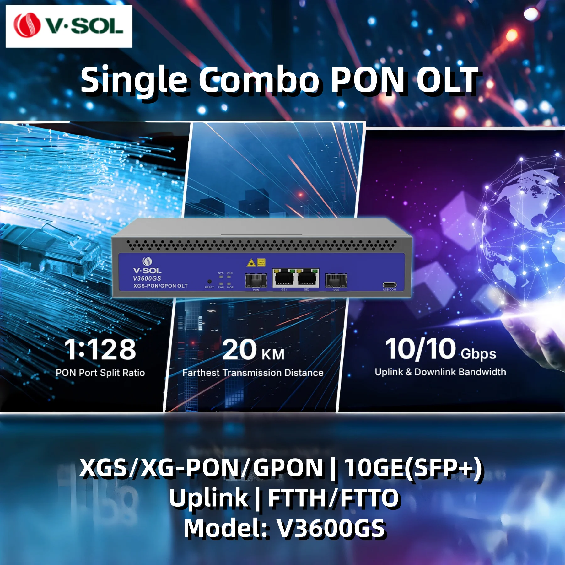 Фото V·SOL V3600GS Компактный однопортовый комбо-OLT для PON (XG(S)-PON и GPON) V3600GS |   1*XG(S)-PON / GPON 2*GE(RJ45) + 1*10GE(SFP+) Uplink №1