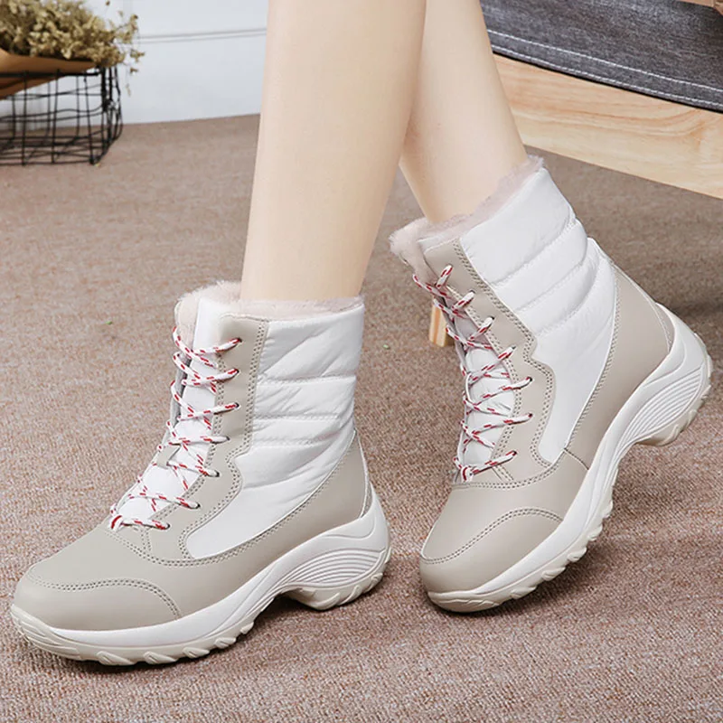 

Snow Women Boots Flat Boots Ladies Waterproof Shoes For Women Lace-Up Platform Boots Plush Soft Winter Shoes Botas Mujer