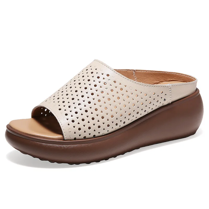 

Summer 5cm Platform Slipper for Women Geometric Hollow Breathable Leather Sandal Light Anti-skid Slip on Casual Mather Shoes