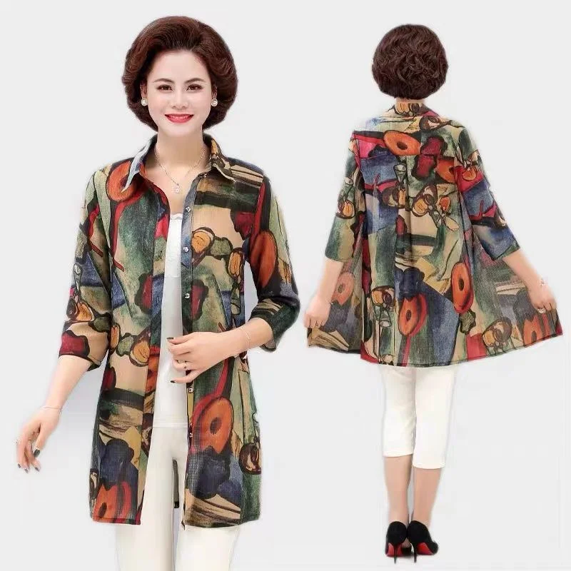 

Mom's Summer Women Shirt 2022 Women New Mid Length Sunscreen Clothing Middle-aged Elderly Seven-point Sleeve Printed Cardigan Ch