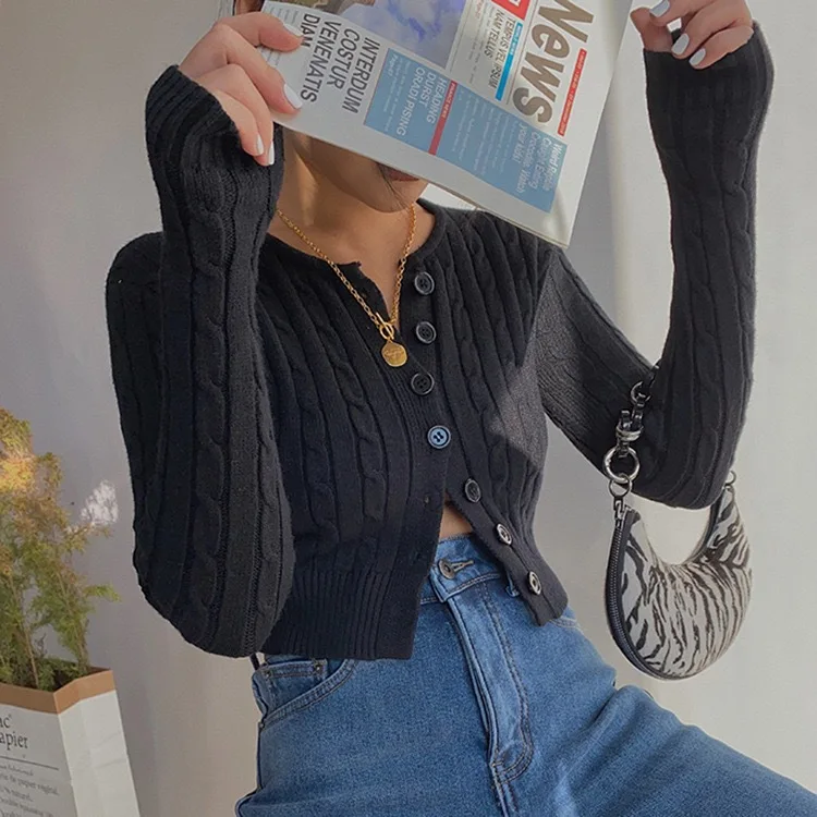 

French Single-breasted Round Neck Knit Cardigan Retro Long-sleeved Twist Sweater Autumn and Winter Thin Joker Slim Coat Tide