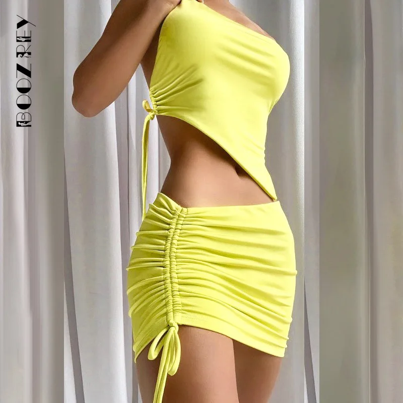 BoozRey 2022 Drawstring Dress Summer Sets Womens Outfits Sexy One Shoulder Crop Top and Mini Skirts Co-Ord Club Party |