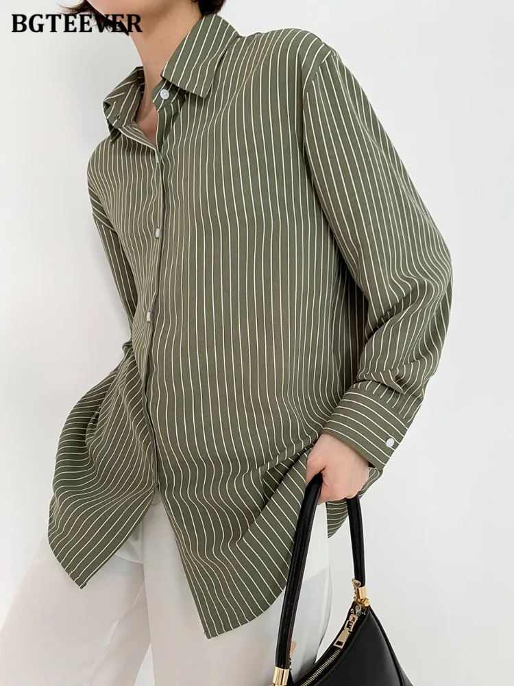 

Стильная однобортная полосатая женская рубашка BGTEEVER с длинным рукавом, новая осенняя винтажная зеленая женская блузка с отложным воротник...