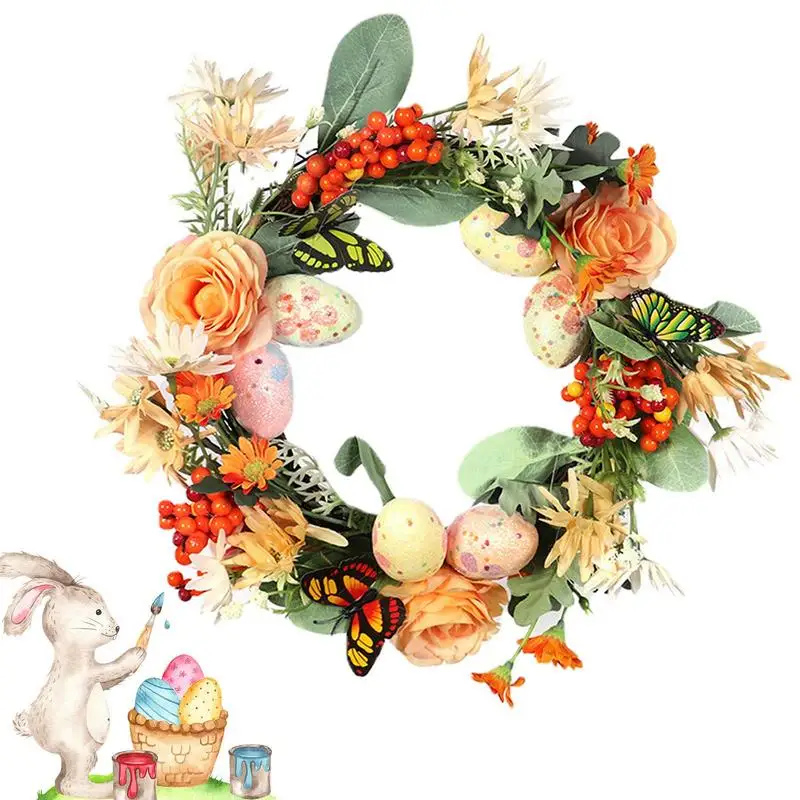 

Easter Wreaths For Front Door Artificial Floral Wreath 11.81in With Egg Butterfly Red Berries Colorful Decorative Garland Spring