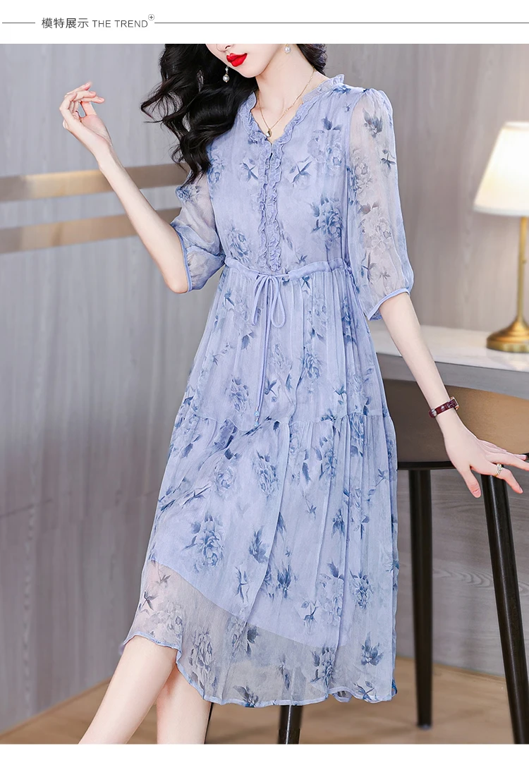 Женское платье-миди из шелка тутового шелкопряда с цветочной вышивкой