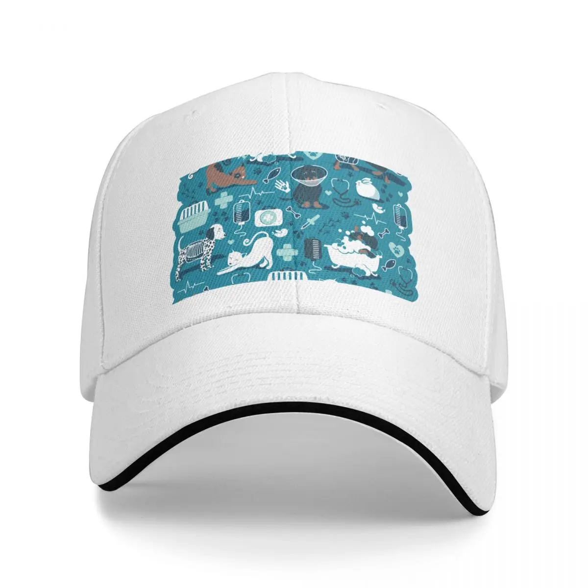

Baseball Hat for Men Women Veterinary Medicine Happy and Healthy Friends Turquoise Background Aqua Details