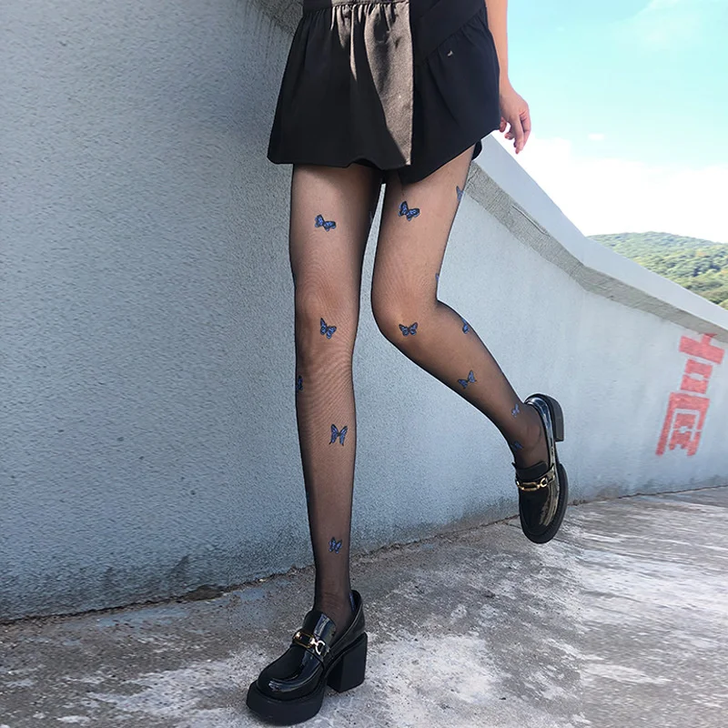 SP &amp CITY/Синие сексуальные черные колготки с принтом бабочки женские тонкие