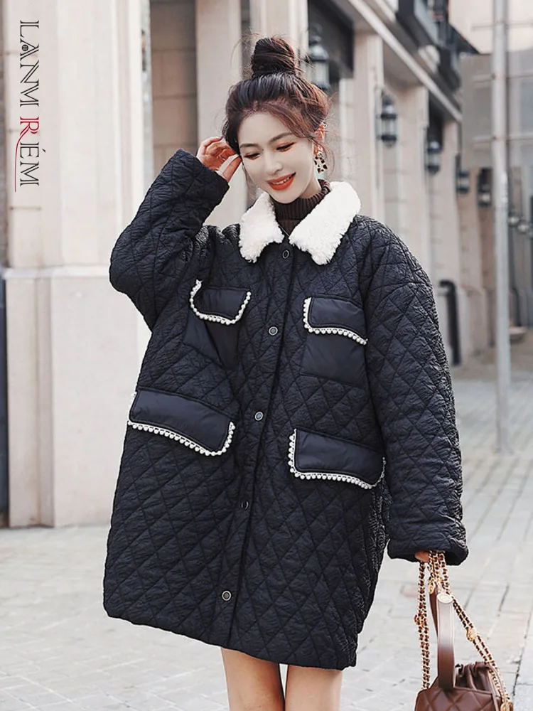 LANMREM Black Cotton Coat With Rhombus Pattern Single Breasted Pearl Decoration Women Stitching Parkas Stylish Winter 2R8301