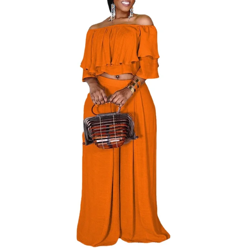 Plus Size Sets Solid Sexy Loose One Neck with Ruffles Showing The Navel Two Piece Set Women Office Lady Slim Fit  Floor-Length