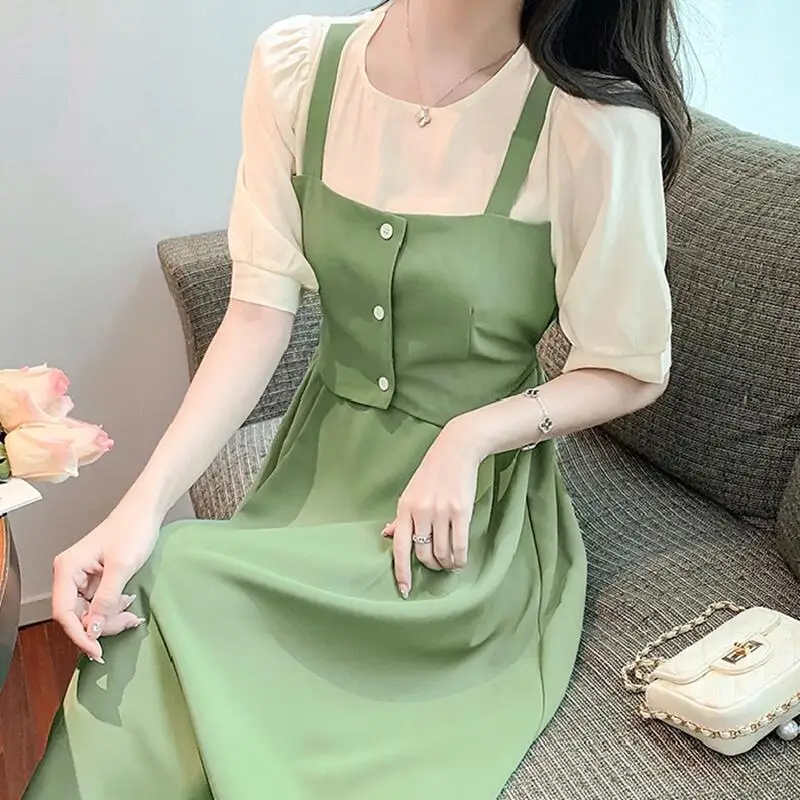 

Summer New Comfortable Leisure Loose All-match Short Sleeve Dresses Korean Lady Fashion Fake Two Piece Patchwork A-Line Dresses