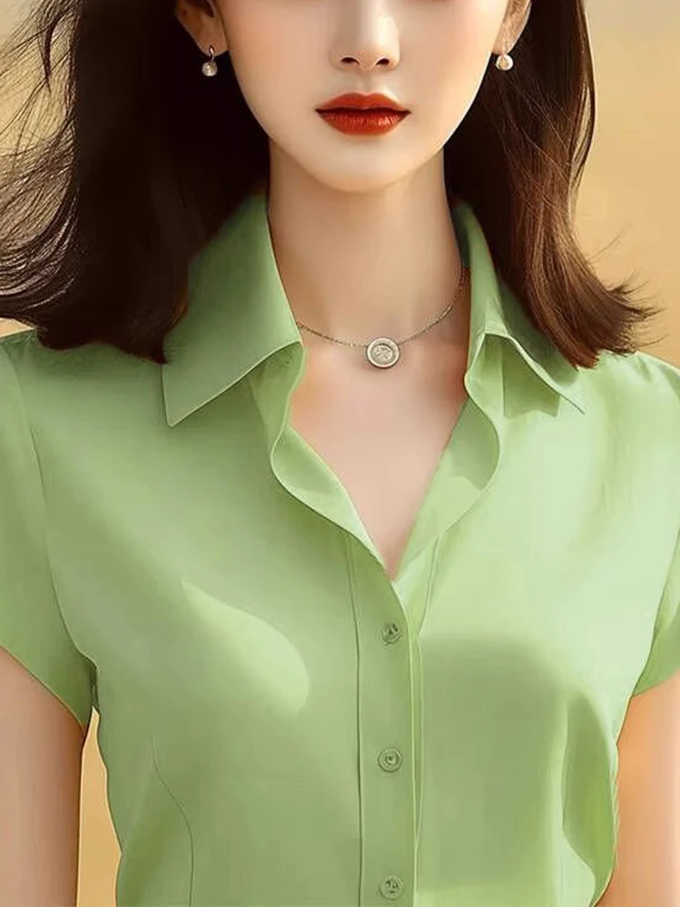 Модная темпераментная Красивая свободная зеленая рубашка с отложным воротником