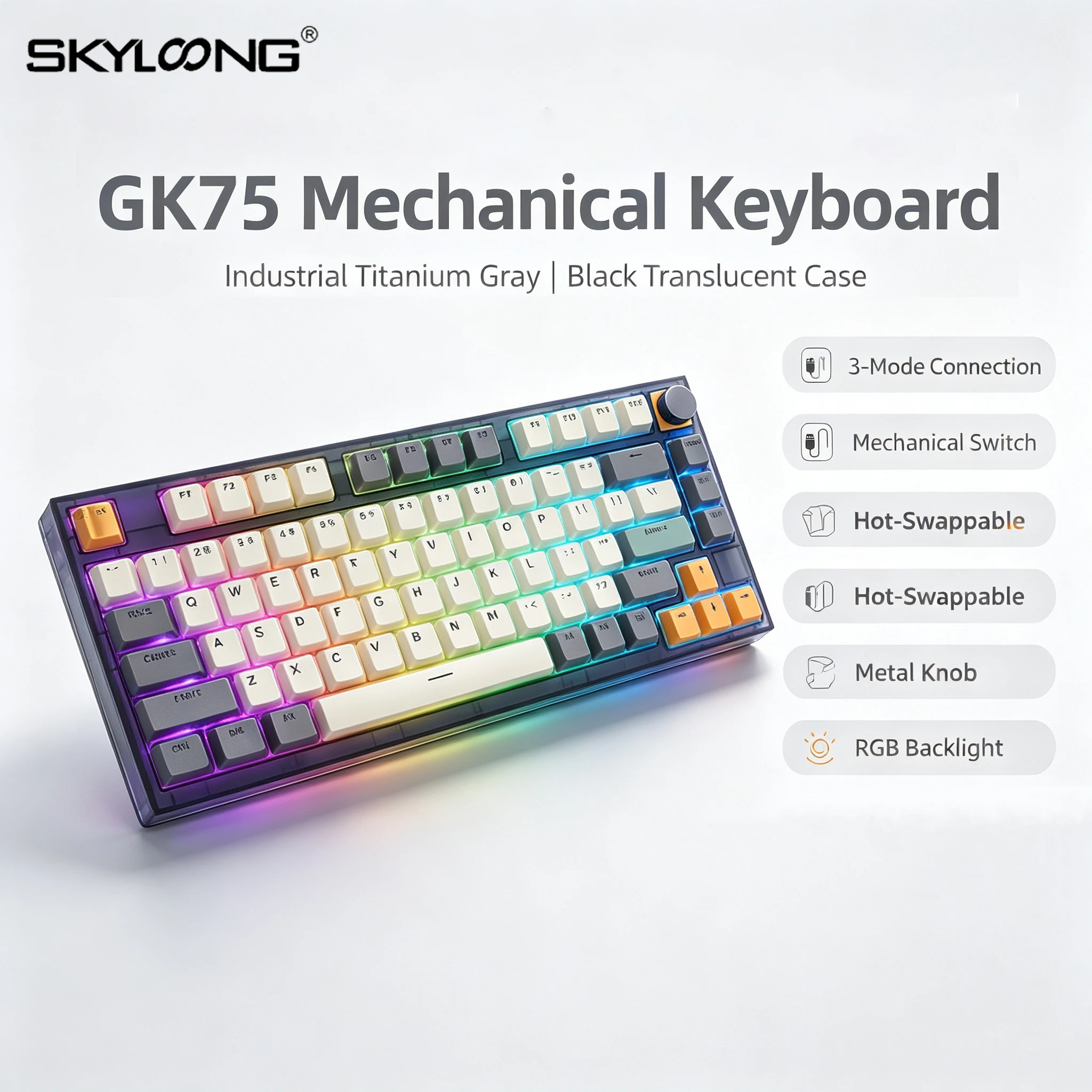 Фото SKYLOONG GK75 3-режимная беспроводная механическая игровая клавиатура с RGB-подсветкой, PBT-клавишами, 75% форм-фактором, металлическим регулятором и возможностью кастомизации для ПК. №1