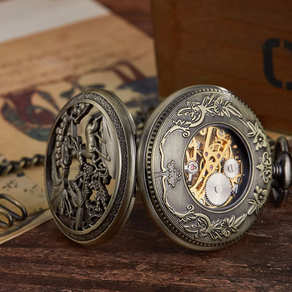 Vintage Bronze Crane Deer Carving Design Mechanical Pocket Watch FOB Waist Chain Hollow Steampunk Skeleton Hand Wind Mens Clock