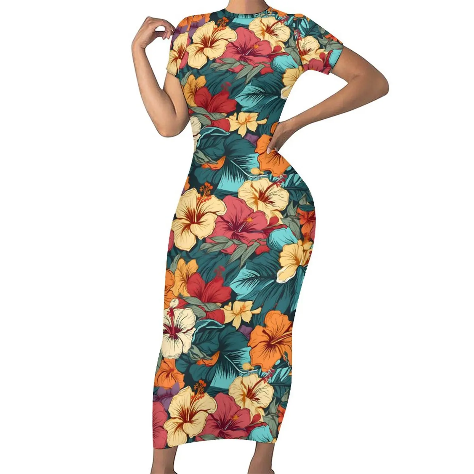 

Tropical Floral Print Bodycon Dress Womens Color Hibiscus Elegant Maxi Dresses Summer Short Sleeve Streetwear Oversize Dress