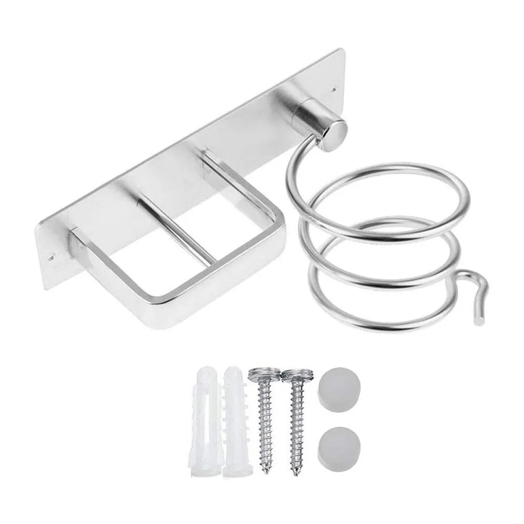 

Hair Dryer Holder Bathroom Curling Iron Organizer Stand Toilet Shelf Punching Spiral Rack Household Accessory Silver
