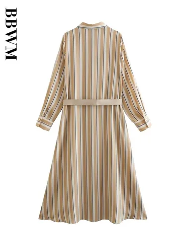2023 New Women Fashion With Belt Striped Midi Shirt Dress Vintage Long Sleeve Single Breasted Office Lady Dresses Vestidos Mujer