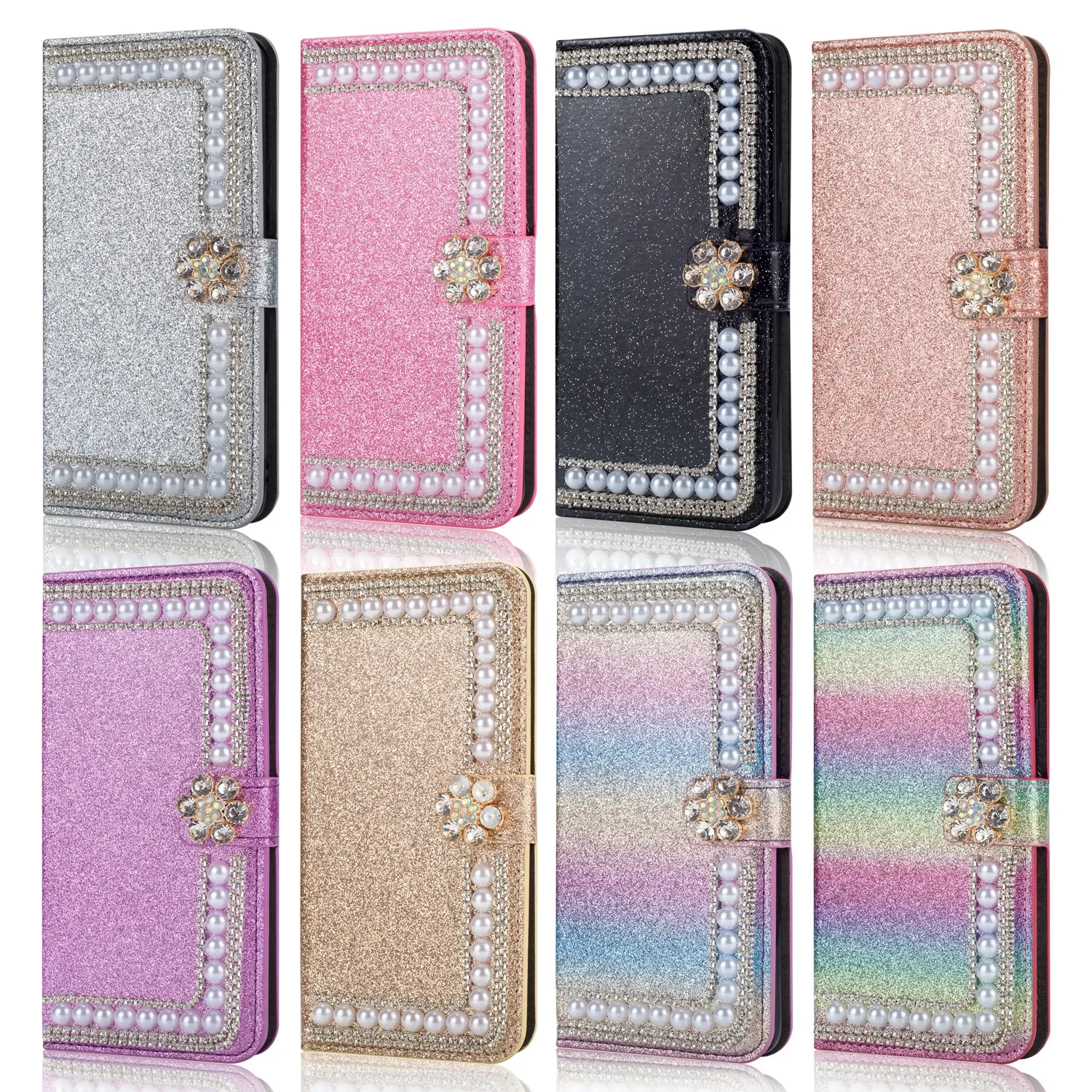 

Glitter Pearl Leather Wallet Phone Case For Samsung S22 Ultra S21 Plus S20 S10 A13 A53 A52 A12 A51 A71 Note20 Bling Cover