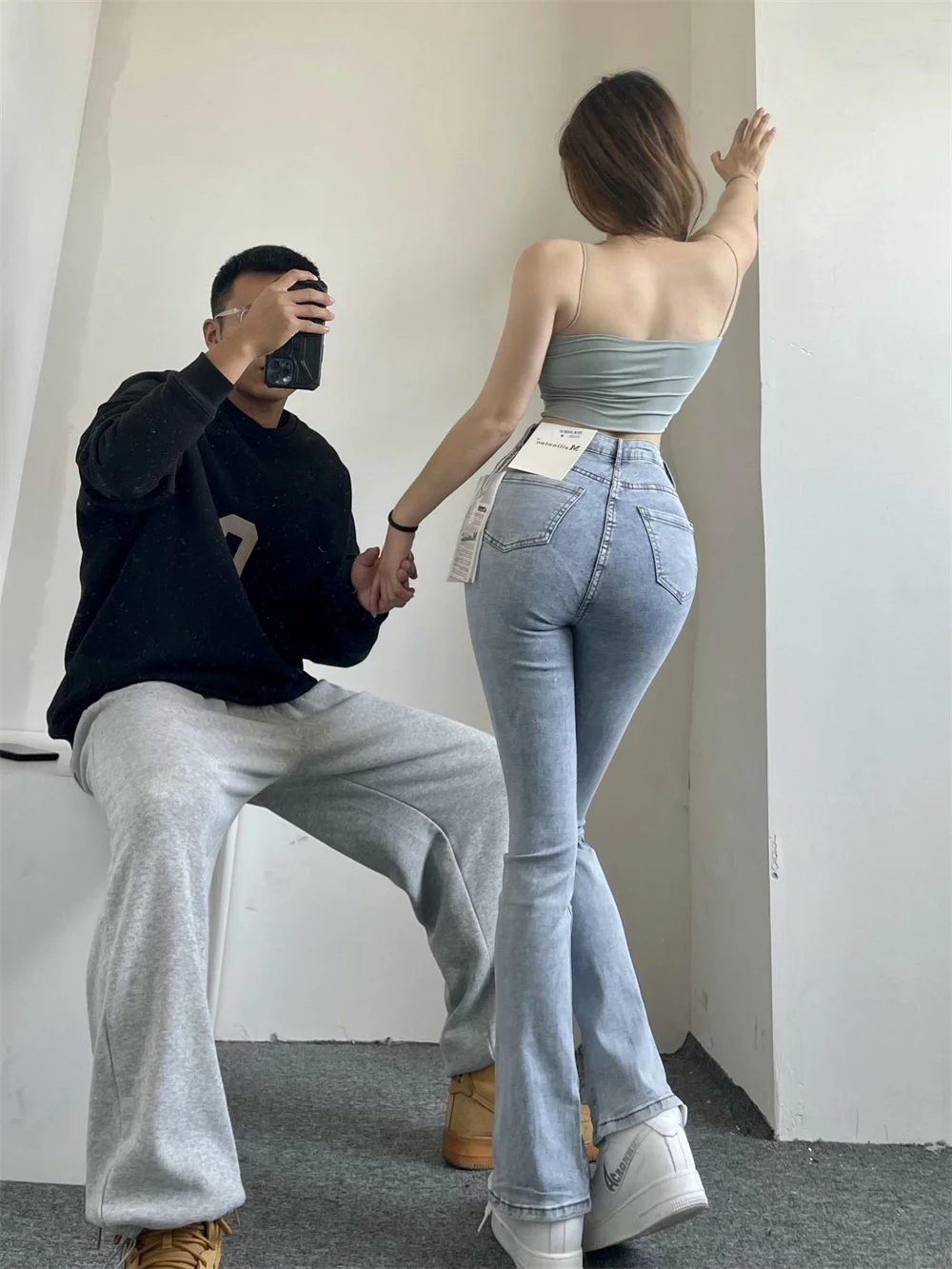 

2022 Trend Sweet New High Waist Slim Trousers Leg Slits Straight Denim Trousers Solid Color Stretch Women's Clothing K0CQ