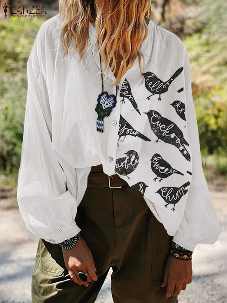 

2022 ZANZEA Women Stylish Lapel Neck Long Sleeve Blouse Autumn Vintage Printed Shirt Casual Button Down Blusas Mujer Cotton Tops