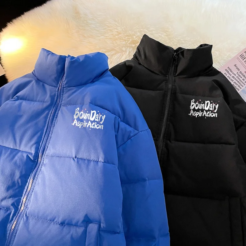 Men's Thicken Letter Print Parkas Fashion 2022 Winter Warm Couple Clothing Stand Collar Male Padded Jackets Large Size Coats