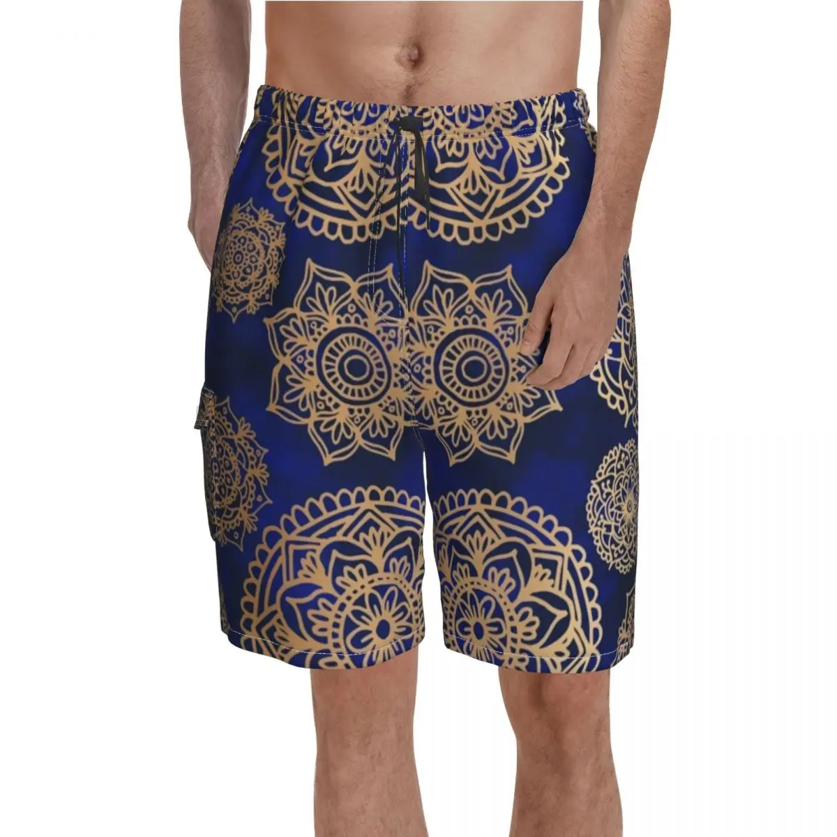 

Beautiful Mandala Pattern Board Shorts Retro Blue Gold Bohemian Beach Short Pants Hot Sale Males Pattern Customs Swimming Trunks