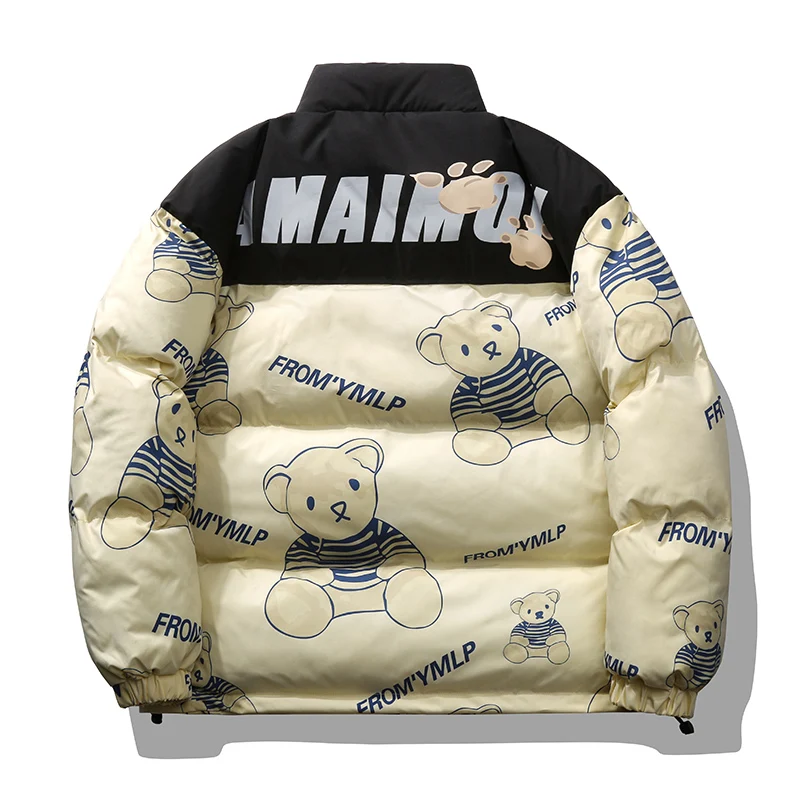 Fashion Winter Spring Jacket Men Parkas Warm Streetwear Coat Mens Stand Collar Bear Print Zipper Snow Coat Men Outwear Cute