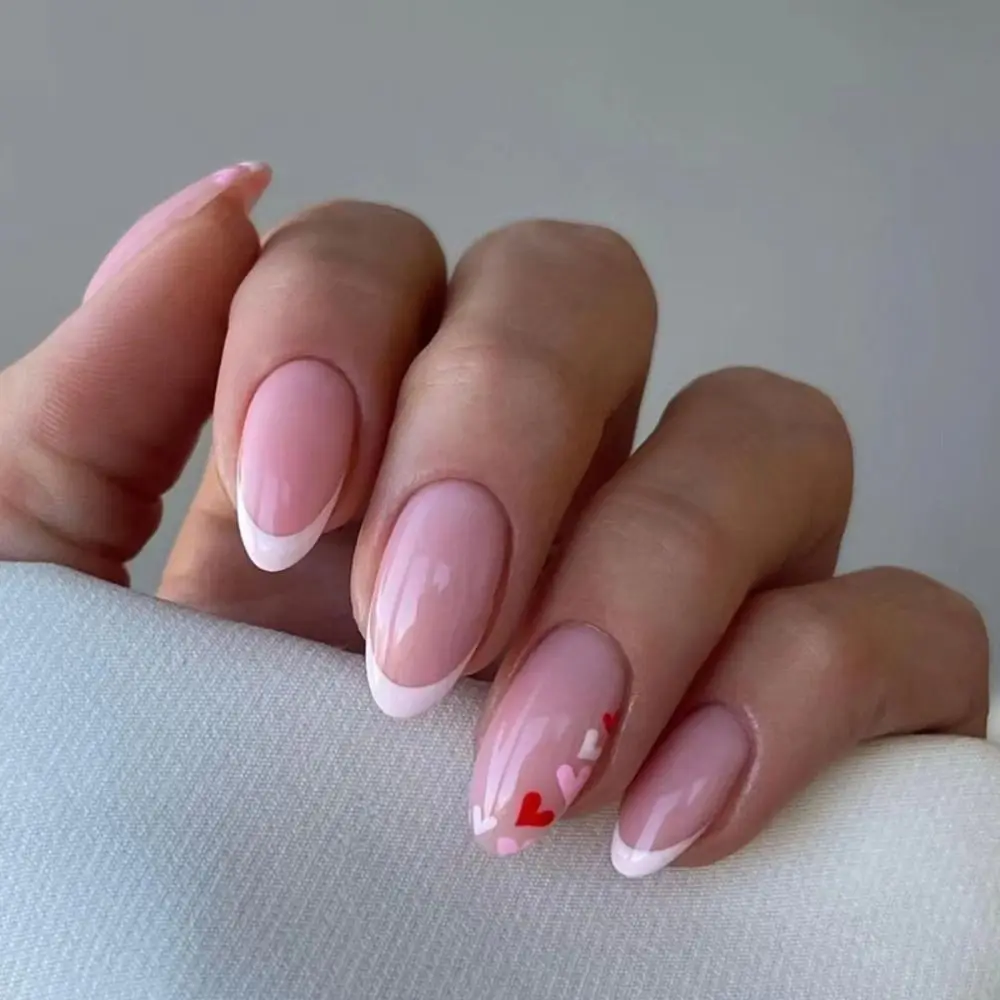 

24pcs Long Almond False Nails French Pink Love Heart Flame Ballerina Nails Detachable Full Cover Press on Nails Tips Manicure