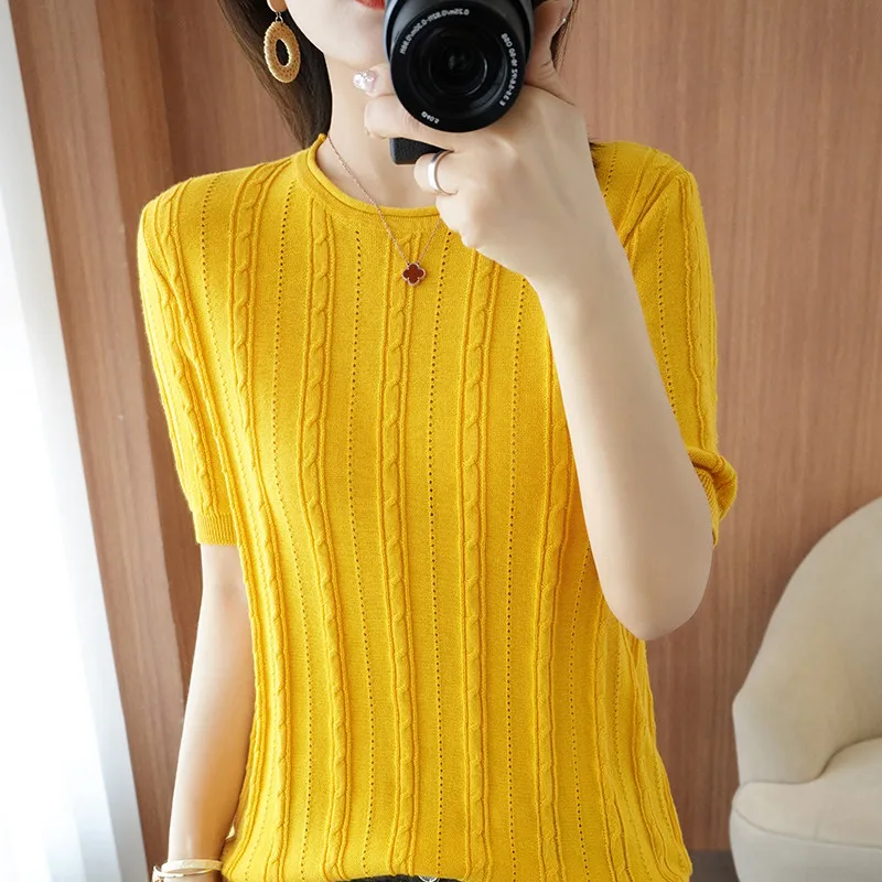 

Summer Women's T-Shirt Casual Solid Color Knit Sweater Short Sleeve 100% Cotton Women's Top Plus Size Round Neck Tees Hot sale