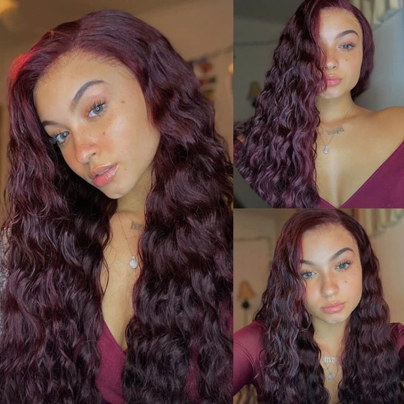 

13x4 Lace Front Human Hair Wigs 99J Blonde Brown Remy Hair Wig With Baby Hair Brazilian Water Wave Lace Wigs For Black Women