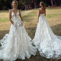 summer lace boho wedding dresses with pockets 2022 vestido de novia illusion v neck a line backless sexy bridal gowns for women